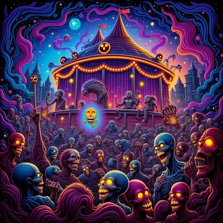 psychedelic style concept art horror-themed Dark Fantasy Art, <lora:Undead Apocalypse v1:1> und34dpsy, a psychedelic traveling circus run entirely by colorful zombies: the juggler tosses flaming brains, the contortionist has detachable limbs, and the fortune teller pulls dreams out of skulls. Everything glows â cotton candy is made of nebula mist, and rides twist into impossible geometries. Shot from a fisheye perspective, with colors vibrating like a lava lamp. The undead laugh hystericallyâ¦ even their decapitated heads., dark, moody, dark fantasy style . eerie, unsettling, dark, spooky, suspenseful, grim, highly detailed . digital artwork, illustrative, painterly, matte painting, highly detailed . vibrant colors, swirling patterns, abstract forms, surreal, trippy