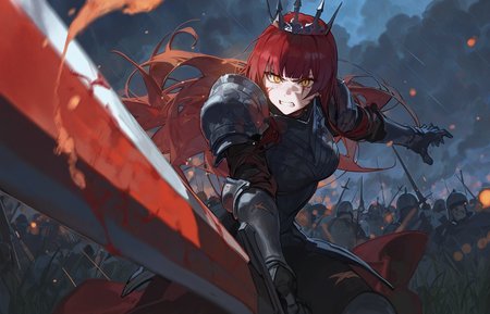 artist:ciloranko,artist:modare,artist:diyokama,
best quality, amazing quality, very aesthetic, absurdres, best quality, masterpiece, newest,
1girl,mature female,tall female,dark red hair,long hair,blunt bangs,yellow eyes,muscular,medium breasts,frown, angry, clenched teeth,slit pupils,half-closed eyes,crown,armored dress,full armor,pauldrons,gauntlets,greatsword,holding sword,multiple scars,scar across eye,scar on face,blood on face, blood on weapon, blood splatter, incoming attack, spiky armor, 
looking at viewer,
red tint,blue theme,Cinematic Lighting,light particles,dark theme,foreshortening, motion blur, 
grasslands, battlefield, smoke, pile of corpses, fireball, catapult, raining, water, cloudy sky, embers, night,
multiple soldier, fighting,, score_9,score_8_up,score_7_up