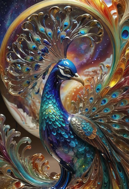 
made out of,colorful,liquid,Murano Art glass, A majestic peacock sculpted from swirling, iridescent Murano glass, its tail feathers fanned out in a magnificent display before a shimmering, distorted sphere gateway. Vivid nebula clouds and distant galaxies illuminate the scene with an ethereal, cosmic glow, casting dancing reflections across the bird's molten-glass plumage.