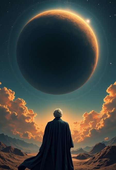 Middle-aged man in a costume is hiding the sight of an enormous black hole in the sky and saying the text "There's nothing to see here!", cosmic horror, emptiness, void, (best quality, masterpiece), painting, 8k, hdr, detailed, intricate details