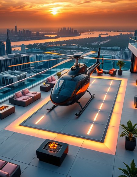 A high-resolution photo of a luxurious rooftop of a five-star hotel at sunset, featuring a sleek helipad with a high-end, matte-black private helicopter elegantly parked. The rooftop is designed with ultra-modern architecture, featuring a spacious terrace with infinity-edge glass railings, ambient lighting, and a panoramic city skyline in the background. The surface of the helipad is clean, polished concrete with clear illuminated markings. Surrounding the helipad, there are lounge areas with modern outdoor furniture, minimalist fire pits, and decorative planters with tropical greenery. The lighting is warm and golden, casting soft shadows and highlighting the contours of the helicopter and the textures of the rooftop. The sky is dramatic, painted with hues of orange, pink, and violet, creating a cinematic atmosphere of luxury and exclusivity. The overall mood is elite, calm, and aspirational, showcasing the ultimate in urban luxury lifestyle.
<lora:SDXLFaeTastic2400:0.4> <lora:extremely_detailed:0.4> extremely detailed, <lora:helipad_r00ft0p:1>,helipad r00ft0p, Masterpiece,best quality,hi res,8k,hi res,8k,award winning,(sharp focus, intricate, highly detailed),
