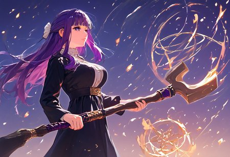 safe_pos, (((score_9,score_8_up,score_7_up,score_6_up, masterpiece, absurdres, fern \(sousou no frieren\), large breasts, long hair, purple hair, half updo, blunt bangs, purple eyes, open black robe, long dress, solo, focused))), Style-EMCG, NEGATIVE_HANDS, 

(((fantasy, adventure))), night, clear night sky, large full moon, light reflecting on clothes, light reflecting on body, hair floating, 

(((holding staff))) ,magic, ((eyes illuminated in darkness)), snow, magic circles,

embers floating behind, orange glow background, small fires in background,

