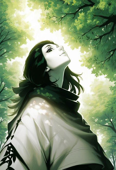 score_9, score_8_up, score_7_up, score_6_up, 
very long blonde hair, hair between eyes, 
portrait, dense foliage,
gigantic trees, 
woman standing at the bottom of a colossal tree, looking up, upper body, young adult
rays of light piercing through the leaves, godrays, 
1 tree, singular huge tree in the background,