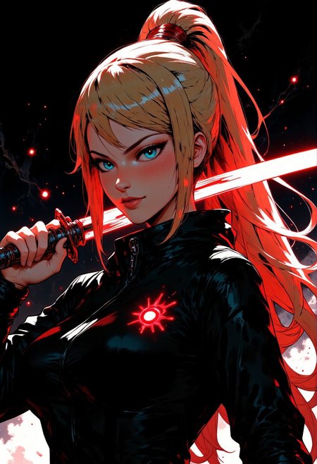 Masterpiece. A close-up digital artwork in mythp0rt anime style featuring a lone female ninja samusaran her long blonde flowing ponytail hair floats behind her. She stands in a fierce combat stance, holding a katana over her shoulder. The katana glows in a dim red light. Her blue eyes lock onto the viewer with an unwavering, piercing gaze and a confident smile.
The dark and moody background adds a dramatic tone, with subtle lighting highlighting metallic surfaces. A cosmic aura surrounds her, as if she’s standing on the edge of a galaxy.  High-res, semi realistic, best quality, intricate details, ultra details, good lighting, vibrant colors, very detailed, octane render, ray tracing. mythp0rt