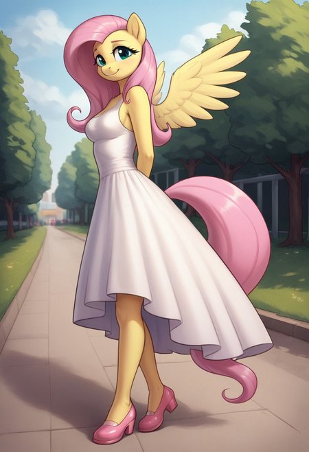 score_9, score_8_up, score_7_up, score_6_up, realistic illustration, dramatic angle, public park, indoors, close view, 1girl, solo, fluttershy, (anthro pony), 18 yo, tail, wings, petite body, shiny skin, medium breasts, white dress, knee length dress, seduce, seducing, inviting look, dynamic pose, dramatic angle, standing, looking at you, full body, hands behind back, pink shoes,