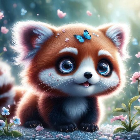 A hyper-realistic close up Portrait, 
digital artwork of an adorable cute wacky baby red panda while looking curiously to a blue butterfly, 
with blue, 
expressive eyes. The fur of the red panda is dense and textured, 
with each hair finely detailed and shimmering with tiny sparks under a dimly lit sunny day. Sakura petals fall around it, 
adding to the magical, 
serene atmosphere. The scene is set on a surface that resembles a garden full of colorful flowers. Cinematic film still, 
shot on v-raptor XL, 
film grain, 
vignette, 
color graded, 
post-processed, 
cinematic lighting, 
35mm film, 
live-action, 
best quality, 
atmospheric, 
a masterpiece, 
epic, 
stunning, 
dramatic