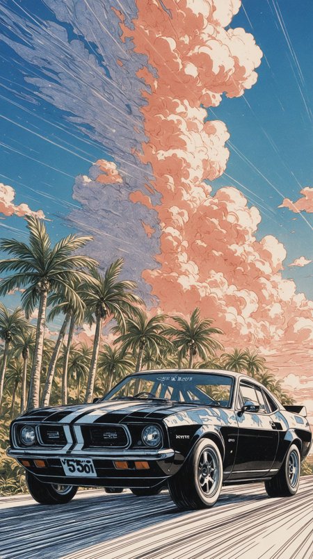 masterpiece,best quality,(lineart:1.2, color trace:1.3),
ford mustang \(1st generation\), side view, black car, white stripes, spoiler \(automobile\), speeding on highway, anime-inspired, vibrant blue sky, fluffy white clouds, motion blur, retro car, summer road trip, scenic drive, palm trees, dynamic perspective, cinematic composition, nostalgic vibes, 80s aesthetic, bright daylight, digital painting, high-energy, stylized realism, adventure, freedom