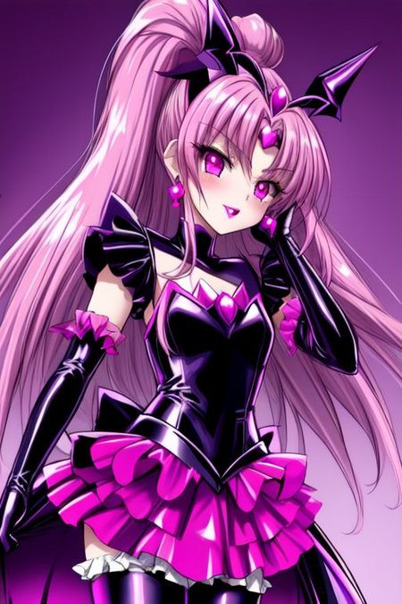 evil corrupted young princess wearing dark pastel (ruffled:1) (gleaming latex:1) EvlSM DarkPrecure Bad_End_Precure gown with (long latex cape:1) and latex elbow bridal gauntlets, (Perfect Face:1), soft lighting, glossy red lips, ruffles,