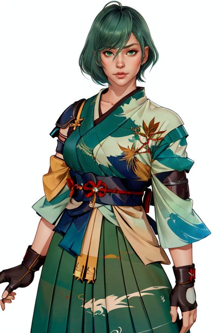 masterpiece,best quality,extreme detail,8k,white background,<lora:tamaki-10:0.8>,green hair,realistic,Pale green eyes,tamakidoa,1girl,solo,looking at viewer,short hair,skirt,gloves,brown eyes,japanese clothes,fingerless gloves,sash,obi,hakama,hakama skirt,