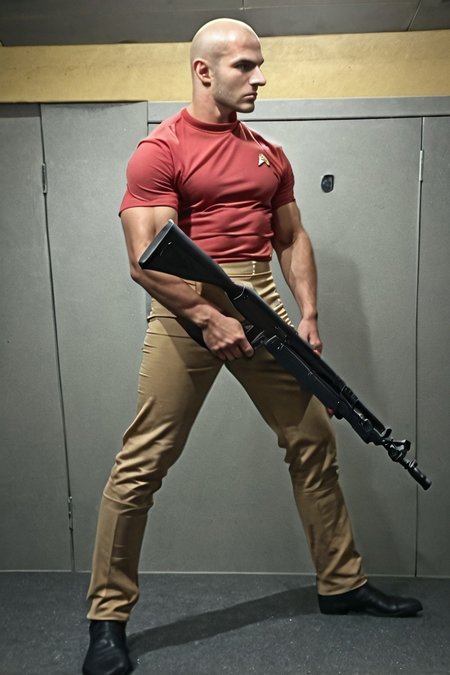 1boy, 20 year old male, Handsome, masculine, blonde, star trek, red shirt, muscle,  tall, tight shirt, wide pectorals, big shoulders, wide shoulders, muscular neck, German, standing at attention, bald, big pale blue eyes, abs, biceps, serious facial expression, phaser rifle, hand, long bulge in his pants, ((((view from below)))),
1960 black dress pants, pants,
stunf, star trek uniform, uss enterprise ncc-1701 interior background, star trek, space ship interior, 1960s TV,