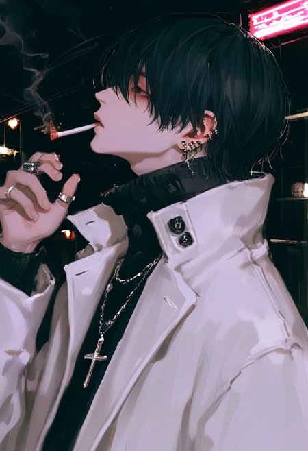 cigarette, jewelry, solo, 1boy, male focus, smoking, black hair, ring, earrings, piercing, turtleneck, jacket, necklace, upper body, night, smoke, ear piercing, short hair, outdoors, white jacket, holding, mouth hold, from side, coat, long sleeves, profile, hand up, cross <lora:748cmXL_NBVP1_lokr_V6311P:0.95>