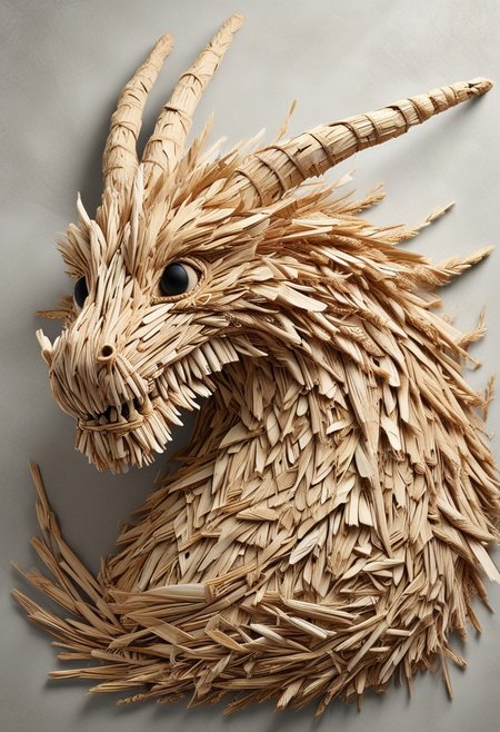 A Dragon  made of straw, white background, detailed face