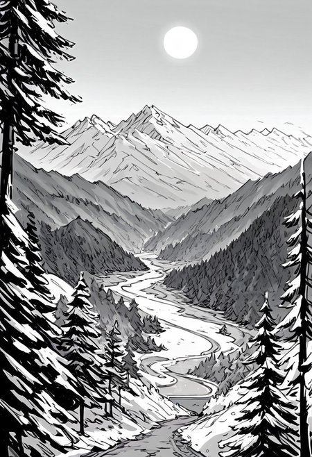 score_9, score_8_up, score_7_up, masterpiece, landscape, trees, sun, forest, mountains, river