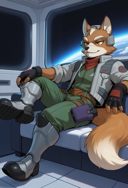 masterpiece,best quality, amazing quality, 1boy, solo, f0x, fox boy, black fingerless gloves, brown belt, green jumpsuit, green scouter, grey headgear, grey jacket, purple holster, silver armored boots, tail, relaxing,
 
space, space ship, bedroom,