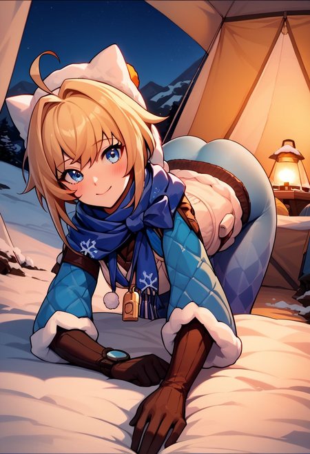 score_9, score_8_up, score_7_up, 1girl, smooth_anime,  LynxLandau, solo, blonde hair, short hair, ahoge, blue eyes,  fur-trimmed blue capelet, scarf, winter clothes, sweater, fur trim, white vest, blue pantyhose, wristwatch, black elbow gloves, long sleeves, hat, pendant,  whistle, snowflake print, thigh_holste, looking at viewer, POV from behind, ass focus, ass in pantyhose, PraisedaBootymeme,  bent over, tent, outside tent, snowy mountains background.