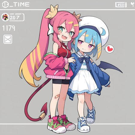 (score_9:0.9),score_8_up,score_7_up,rating_safe,(zPDXL3),sidelocks,parody,official art,2girls,full body,blush stickers,(livestream),teeth,sidelocks,screen,display,standing,hug
BREAK pink jacket,ka sikil,red cropped vest,red tail,hair ornament,medium breasts,looking at viewer,open mouth,fang,:d,pink sneakers,black bike shorts,bandaid on knee,blush, v, 
BREAK blue jacket,white dress,lil la,blue demon wings,white sailor hat,half-closed eyes,small breasts,light smile,looking at viewer,blue sneakers, spoken heart,<lora:Live twin ponyXL v1:0.65>,