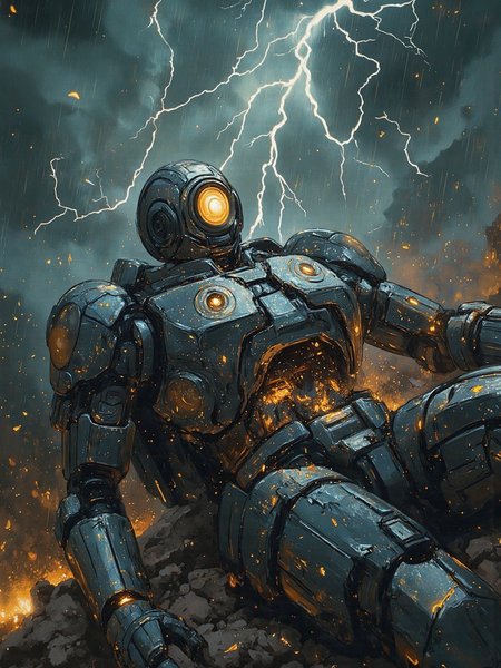 A wicked damaged robot lies broken and crumbling on a desolate battlefield, as if it had been torn apart by some unseen force. The camera looks down upon it from a high angle, capturing the eerie atmosphere of the stormy night. Thunderstorms rage above, with flashes of lightning illuminating the dark sky.  Cracks and fissures run across the robot's metallic body, revealing its vulnerable innards. Its once-sharp limbs now lie limp and twisted, as if they'd been crushed under the weight of its own destruction. The air is heavy with the scent of ozone and smoke, and the, <lora:Flux_Turbo_Alpha.safetensors:1.0> <lora:Dreamy_Illustrations_FLUX_LoRA-000001.safetensors:0.8> dreamy illustration <lora:aidmaMJ6.1-FLUX-v0.4.safetensors:0.6> aidmaMJ6.1