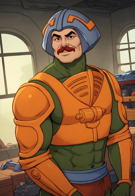 score_9, score_8_up, ManatArmsHM, brown hair, black eyes, mustache, muscular, metal helmet, green bodysuit, orange armor, looking at viewer, smile, dynamic pose, detailed background, dutch angle, sci-fi, workshop, tools, window, portrait, brown fur loincloth, metal belt,