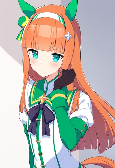 SilenceSuzuka,horse girl, green horse ears, green ear covers, horse tail, turquoise eyes, flat chest, slender, hime-cut, orange long hear, blunt bangs, shiny hair, white hearband, hair ornament,1girl,small breast, upper body,room,bedroom, plush toy in hand,