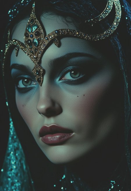 ArsMovieStill, 80s Fantasy Movie Still, In the depths of a mystic reverie, a enchantress materializes, her presence a whispered secret in the velvet dreams. Her eyes, like shattered emeralds, glimmer with an unholy light, as if the very essence of the forest has been distilled into their piercing gaze. A lace-like veil, a gossamer whisper of forgotten dreams, clings to her skin like a damp, moonlit mist, casting an eerie, silvered glow across her features. The light that bathes her is a crazed, flickering thing, a mad dance of sunbeams and shadowy tendrils that twist and writhe like living serpents around her face. Upon her head, a crown of jagged, chrome splinters reigns, its diamonds flashing like a riot of fireflies on a summer's night, as a diamond-encrusted necklace slithers around her neck like a glittering, venomous serpent. A face ornament, a delicate, bejeweled latticework, sprawls across her cheeks and forehead like a mad, its silver chains and diamonds glinting with a manic, fevered light, as if the very fabric of reality has been torn asunder to reveal a glimpse of the surreal, dreamlike realm that lies beyond. And yet, amidst this maelstrom of color and light, the enchantress remains, a serene, unyielding presence, her gaze a cold, dark mirror that reflects the very soul of the viewer, drawing them in with an otherworldly allure, a siren's call that beckons them deeper into the heart of the madness. faded 80s movie style