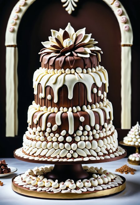 A giant cake made out of  ,Jed-ChocoC, chocolate, cereals, <lora:last:0.7>  decorated with Jed-whtccae,   <lora:WhiteChocoStyle-000005:0.6>  in art nouveau style the cake is bordered by Jed-mrshmlw,  <lora:MarshmallowStyle-000007:0.5>, the topping of the cake is cream and in inside of the cream there is a flower made out of Gingerbread, icing,  <lora:GingerbreadStyle_epoch_10:0.6>, standing on a table , masterpiece, sharp and in focus, photorealistic