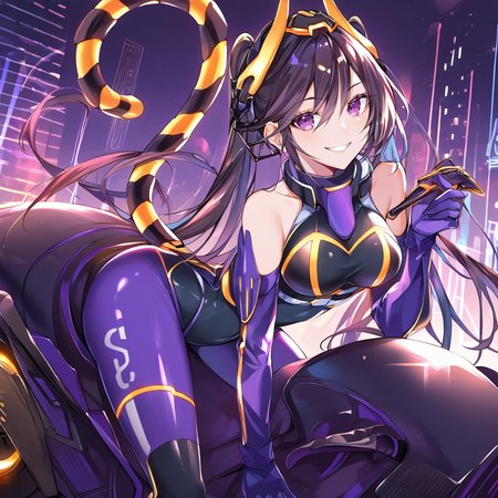 (score_9:0.9),score_8_up,score_7_up,anime style,rating_safe,(zPDXL),<lora: I P Masquerena ponyXL v1:0.78>, i:p masquerena, Purple bodysuit, yellow headgear, mechanical tight tail, official alternate costume, 1girl, motorcycle, solo, smile, looking at viewer, bare shoulders, grin, medium breasts, holding, shiny, teeth