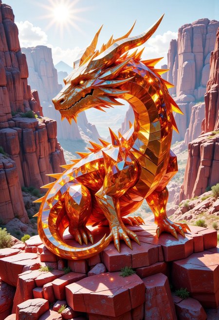 FluxEpicDragon, a crystalline dragon made of cut orange topaz and gold diamond gemstones with subsurface scattering and light transmission, resting on a red desert cliff, grand and majestic, jagged and sharp gemstone horns and spikes, bright sunny day, lens flare