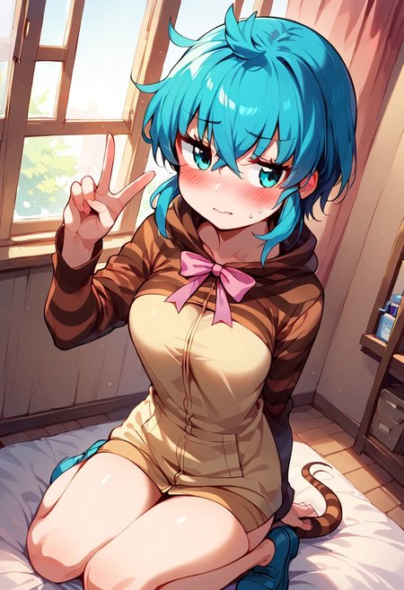 1girl, ((solo)), best quality, ultra-detailed, extremely detailed, perfect anatomy, masterpiece, score_9, score_8_up, score_7_up, Expressiveh, tsuchinoko (kemono friends), hoodie, striped hoodie, hood, long sleeves, neck ribbon, pink ribbon, striped hoodie, aqua hair, aqua eyes, geta shoes, short hair, striped tail, snake tail, medium breasts, fully clothed, taking a selfie, selfie, viewed from above, peace sign over eyes, blushing, embarrassed, looking to the side, indoors, in the bedroom, (window seat), sitting next to window, window with light shining in, window sill, dutch angle,