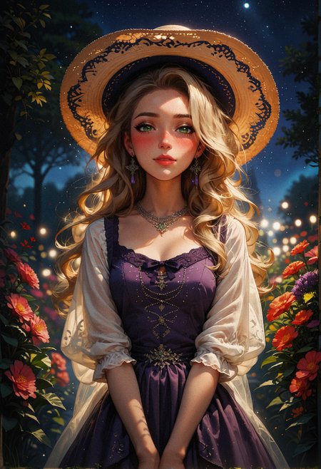 score_9, score_8_up, score_7_up, score_6_up, score_5_up, score_4_up,   1woman, (beautiful face, cute face, 18 years old), blonde, long straight hair, outdoors, plants, flowers, soft lighting, smiling, blush, looking at viewer, nose blush, green eyes, hands between knees, leaning forwards, night, bokeh, moonlight, tan skin, standing  <lora:sdxl\Expressive_H-000001:0.6>, expressiveH <lora:sdxl\vixon_pony_gothic_neon:0.4> <lora:sdxl\incase_style_v3_ponyxl_ilff:0.3> <lora:sdxl\sinfully_stylish_SDXL:0.4> <lora:sdxl\wrenchrococodomepdxl-000007:0.8>, purple wrenchrococodome, purple gown, hat