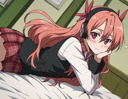 score_9, score_8_up, score_7_up, source_anime,
agkchelsea, <lora:agk-chelsea-s1-ponyxl-lora-nochekaiser:1>,
chelsea, pink eyes, hair between eyes, long hair, pink hair, straight hair,
collared shirt, diagonal stripes, dress shirt, hair ornament, headphones, long sleeves, neck ribbon, plaid, plaid skirt, pleated skirt, red ribbon, red skirt, ribbon, shirt, skirt, striped, vest, white shirt, wing collar,
indoors, bed, bed room, on side, blush, drunk,
cowboy shot, solo, dutch angle, looking at viewer,