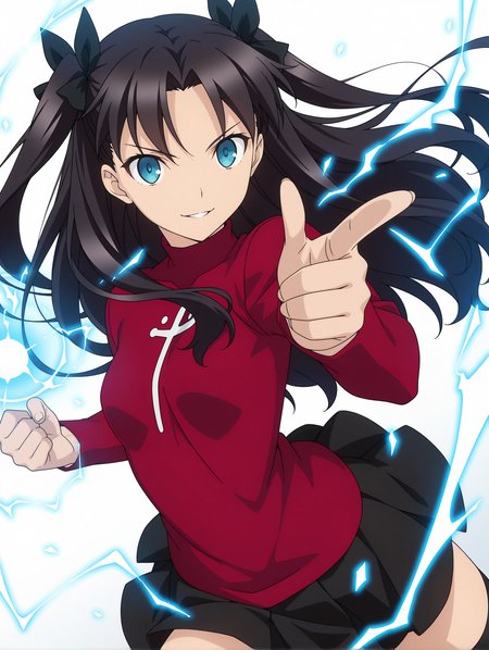 masterpiece,best quality,newest,1girl,solo,
anime screencap,<lora:T_Rin_ilxlv1.3:1>,t_rin,two side up,black hair bow,black hair,blue eyes,r_clothes,turtleneck,long sleeves,red shirt,miniskirt,black_thighhighs,
electricity,magic,finger gun,<lora:Fixhands_anime_bdsqlsz_V1:1>,dynamic_angle,cinematic_angle,looking_at_viewer,standing,posing,simple_background,white_background,face_focus,parted lips,spread legs,fighting_stance,cowboy_shot,smile,
