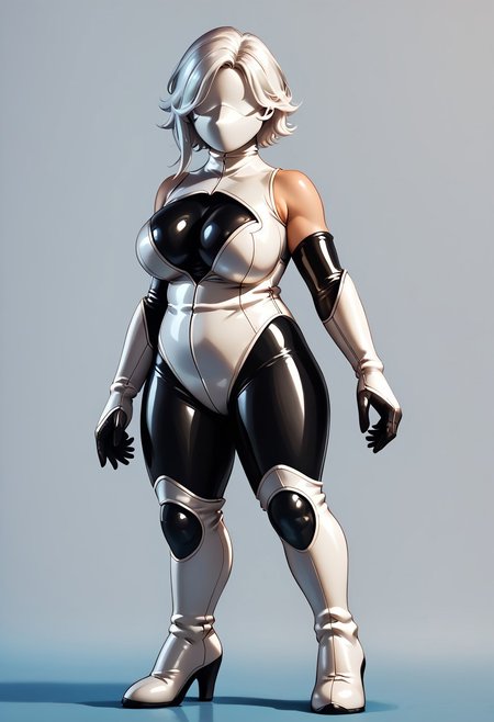 Score_10, score_9, score_8, full body, solo, 1girl, mature female, curvy, large breasts, shyhero, gloves, looking at viewer, elbow gloves, mask, white gloves, white hair, white leotard, thigh boots, libredrone, latex, rubber, no face, no eyes, no nose, no mouth