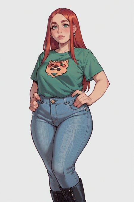 <lora:RealMix9:1>, score_9, score_8_up, score_7_up, score_6_up, score_5_up, rating_questionable, source cartoon
1girl, pretty face, pretty eyes, detailed eyes, HD eyes, thick thighs
hands on hips, standing, cowboy shot
looking at viewer, blush, eyebrows, long hair, red hair, green eyes jeans, green t-shirt, boots, high waisted jeans
simple background, white background