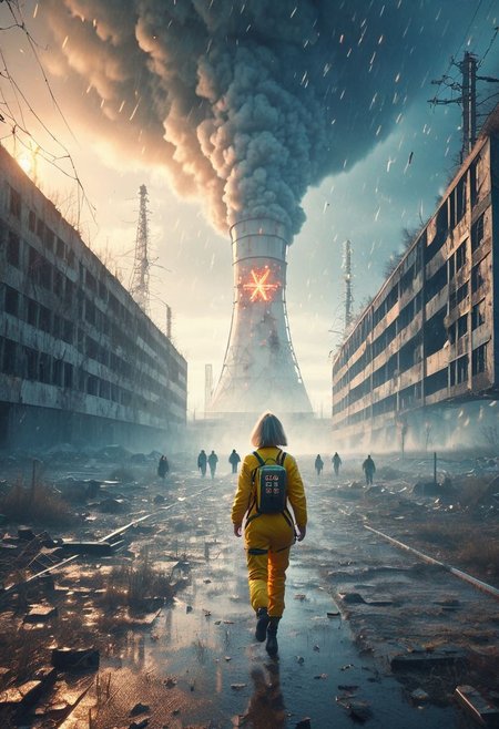 Chernobyl disaster, The nuclear power plant was destroyed after the explosion , Intercontinental ballistic missile Nuclear weapon, Russian alphabet, Apocalypse,girl,  fire,  glowing x, minimalist short outfit, anti social , running, falling snow, cyberpunk ruined ancient city, intricate details,8k post production, faithful, Religious denomination, cinematic color