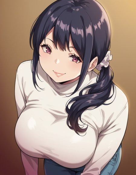 score_9, score_8_up, score_7_up, source_anime, <lora:hitomi-rinmuro-ova-ponyxl-lora-nochekaiser:1>, hitomi rinmuro, long hair, large breasts, black hair, hair ornament, purple eyes, ponytail, scrunchie, hair over shoulder, lips,, sweater, turtleneck, long sleeves, pants, denim, white sweater,, indoors, bent over, smile, smug, looking at viewer, solo,, cowboy shot, dutch angle