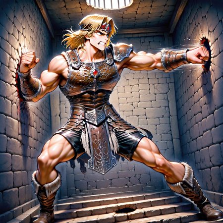 masterpiece, best quality, amazing quality, csdb, hatching (texture), gradusian, SIMOIL, solo, 1boy, male focus, muscular, toned male, blue eyes, leather armor, leather headband, red jewel on headband, breastplate, leather shorts, stylized loincloth, one pauldron, vambraces, medium hair, blonde hair, boots, leather tassets, indoors, stone walls, stairway, punching wall, broken wall, hole in wall, clenched teeth, scowl, furrowed brow, looking to the side, looking away