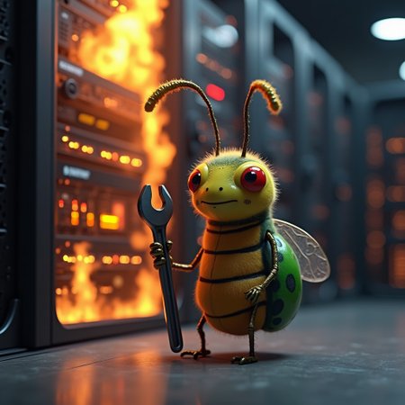 a cute anthropomorphic bug holding a wrench, standing in front of a server rack in the background that is smoking and beginning to catch fire