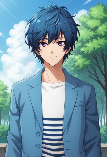 score_9, score_8_up, score_7_up, source_anime, highly detailed, 
nanahoshi, 1boy, male focus, solo, striped shirt, jacket, blue jacket, open jacket, open clothes, blue hair, shirt, striped, purple eyes, looking at viewer,
upper body, smile
outdoor, sky, tree, cloud,