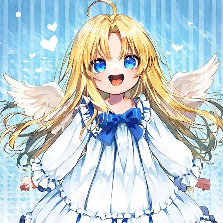 score_9, score_8_up, score_8, score_7_up, 
1girl, solo, AEFilo, blue eyes, blonde hair, ahoge, long hair, white wings, blue bowtie, white dress, frilled dress, frilled sleeves, long sleeves, barefoot, polka dots background, smile, open mouth, close shot, cute girl, looking at viewer,
cute, kawaii, hearts, heart in mouth,
