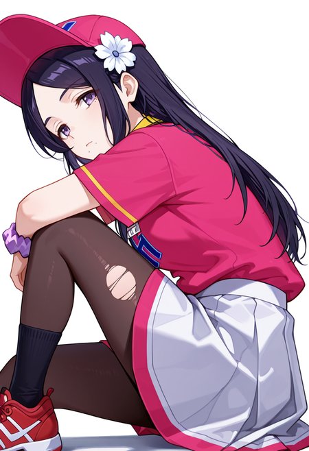 masterpiece,high quality details, absurdres,
 <lora:Kohinata:0.8>
kohinata_cnr,  1girl, black hair, long hair,parted bangs, purple eyes,mole under mouth, 
kohinata_s1,uniform_cnr,employee uniform, sportswear, pink shirt,short sleeves, skirt, hat, black socks,red sneakers,  hair flower, wrist scrunchie,, simple background, white background, from side,solo,, determined,bored,, coat ,blazer ,torn pantyhose,  ,calf socks,