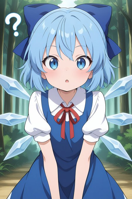 absurdres, highres, masterpiece, best quality, amazing quality, official anime artwork, screencap, anime screencap, outdoors, forest, looking at viewer,  questioning, open mouth, ?,
 <lora:Cirno_Illustrious:1> cirno, 1girl, solo, blue eyes, blue hair, short hair, ice wings, ice,, bow, hair bow, dress, blue dress, short sleeves, blue bow, puffy sleeves, red ribbon,