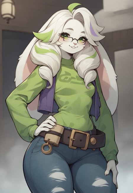 safe_pos, solo, 1girl, score_9, score_8_up, score_7_up,white fur,,furry bunny, small breast, wide hips, hand on hip, hot,, green eyes, Bunny Asha, glasses, long wavy hair,, purple jacket, torn groovy jeans, green shirt, belt