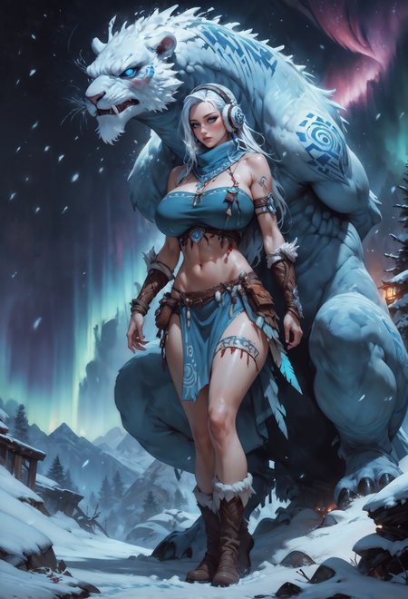 score_9, score_8_up, score_7_up, score_6_up, score_5_up, score_4_up,  1girl, blush, blue eyes, eskimo, tribal, primitive, furs, leather clothing, glacier, arctic ocean, starry night, aurora, snow, snowing, ice, cold, blizzard, icebergs, midriff, huge breasts, fluffy, fur footwear, ear muffs  <lora:Fant5yP0ny:0.8>,  <lora:Expressive_H-000001:0.6>, expressiveH,  <lora:Concept Art Twilight Style SDXL_LoRA_Pony Diffusion V6 XL:0.6> Concept Art,