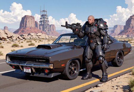 The man is in a heavily armored futuristic black power armor. It has large shoulder pads. He wields a massive belt fed machine gun. He is ready for action in a deserted road. Next to him is a parked cyberpunk styled 1970 Dodge Charger it is supercharged and has futuristic big wide wheels. In the distant we see a post apocalyptic ruined cyberpunk metropolis.