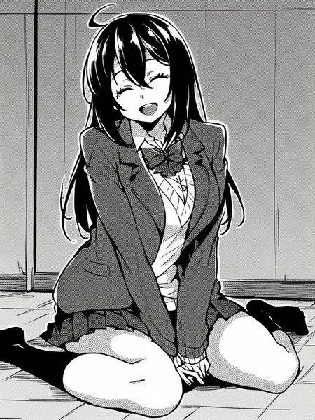 score_9, score_8_up, score_7_up,  
1girl, monochrome, yuuka ke, long hair, black hair, large breasts, ahoge,


sitting, on floor, bedroom, school uniform, pleated skirt, blazer, sweater, bowtie, white shirt, smile, closed eyes, looking at viewer, open mouth, black socks, no shoes, 
