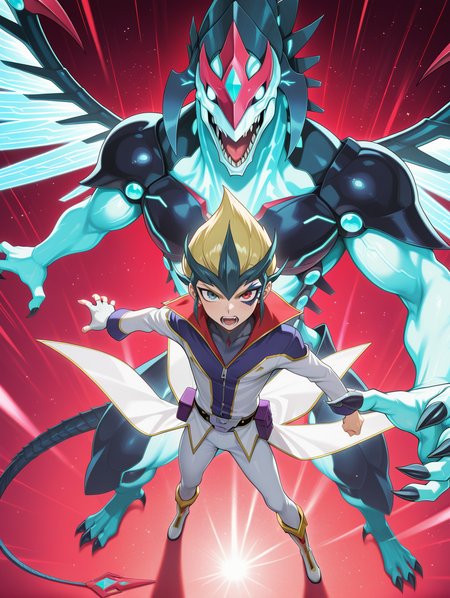 kite tenjo, galaxy-eyes photon dragon, 1other, 1boy, heterochromia, male focus, open mouth, white coats, looking at viewer, belt pouch, teeth, white pants, grey high collar shirt, white boots, single white fingerless glove, from above, facial mark, blue dragon
masterpiece,best quality,amazing quality,very aesthetic,absurdres,newest,<lora:Galaxy-Eyes Prime Photon Dragon illuXL v2.3:0.75>,