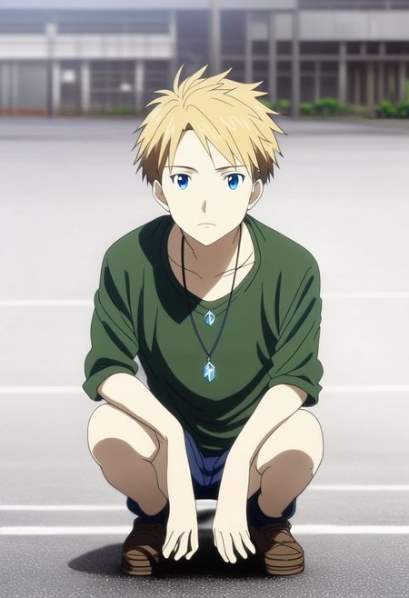 high resolution, solo, best quality, 1Boy, Yamato Ishida, Blond Hair, Blue Eyes, Necklace, lofi, candid, squat, depth of field, photo model, looking at viewer, OverallDetail
