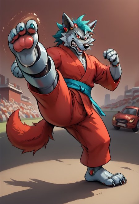 (((Barefoot furry character, full body, cinematic setting, furry male, plantigrade))) 
(((Gilliam))), wolf boy, ((red kimono and pants, training kung-fu on outdoors training ground, fighting stance, dynamic pose, perform side kick)), nice feet paws, three toes, claws, pawpad, determined look
BREAK
(((gilliam wolf, evil eye, sharp, tire body, red fluff tail, cyan hair, robot, wolf, metallic))), (((kicking, kicking at viewer, stands on one feet)))
BREAK, intricate details, highly detailed, extreme detail, octane render, fine art, best quality, highres, (detailed face:1.5), ((full_body)), UHD, (((perfect hands))), low light
