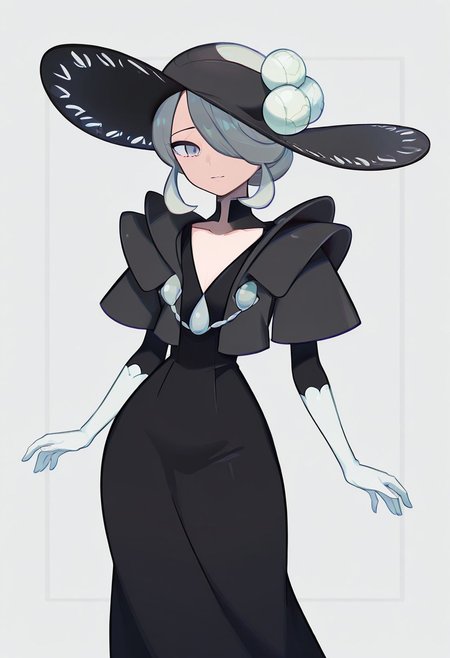 score_9,score_8_up,score_7_up,score_6_up,score_5_up,score_4_up,BREAKmasterpiece, hyper detailed, best quality, insanely detailed, high quality, exquisite, detailed, beautiful, ultra detailed,
Cogita(pokemon),masterpiece, best quality, solo, curvy, beautiful eyes,  zzCogita, hair over one eye, grey hair, white hair, short hair, grey eyes, black hat, black dress,  , <lora:CogitaPokemon_IXL:1.0>,
20-year-old,
in Take style,