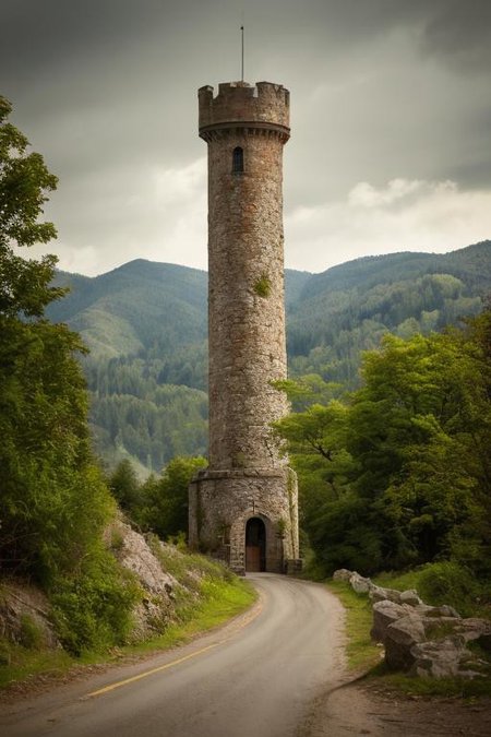 realistic analog photo, award winning photo, vary wide shot of stone witow tower:1.3, (Military watchtower), scenery,  hills, dirt road, nature, outdoors, RAW, highres, 8k, uhd, High Dynamic Range, tonemapping, crisp details,